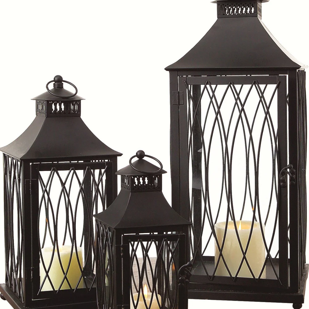 Set of Three Black Glass and Metal Geometric Floor Lantern Candle Holders By Homeroots - Image 2