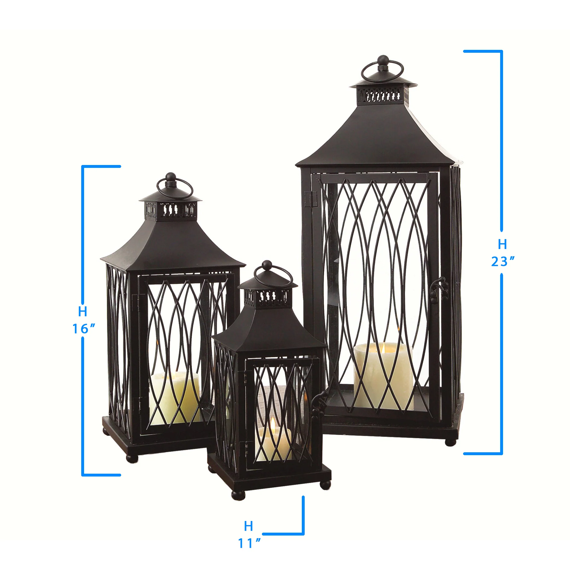 Set of Three Black Glass and Metal Geometric Floor Lantern Candle Holders By Homeroots - Image 3