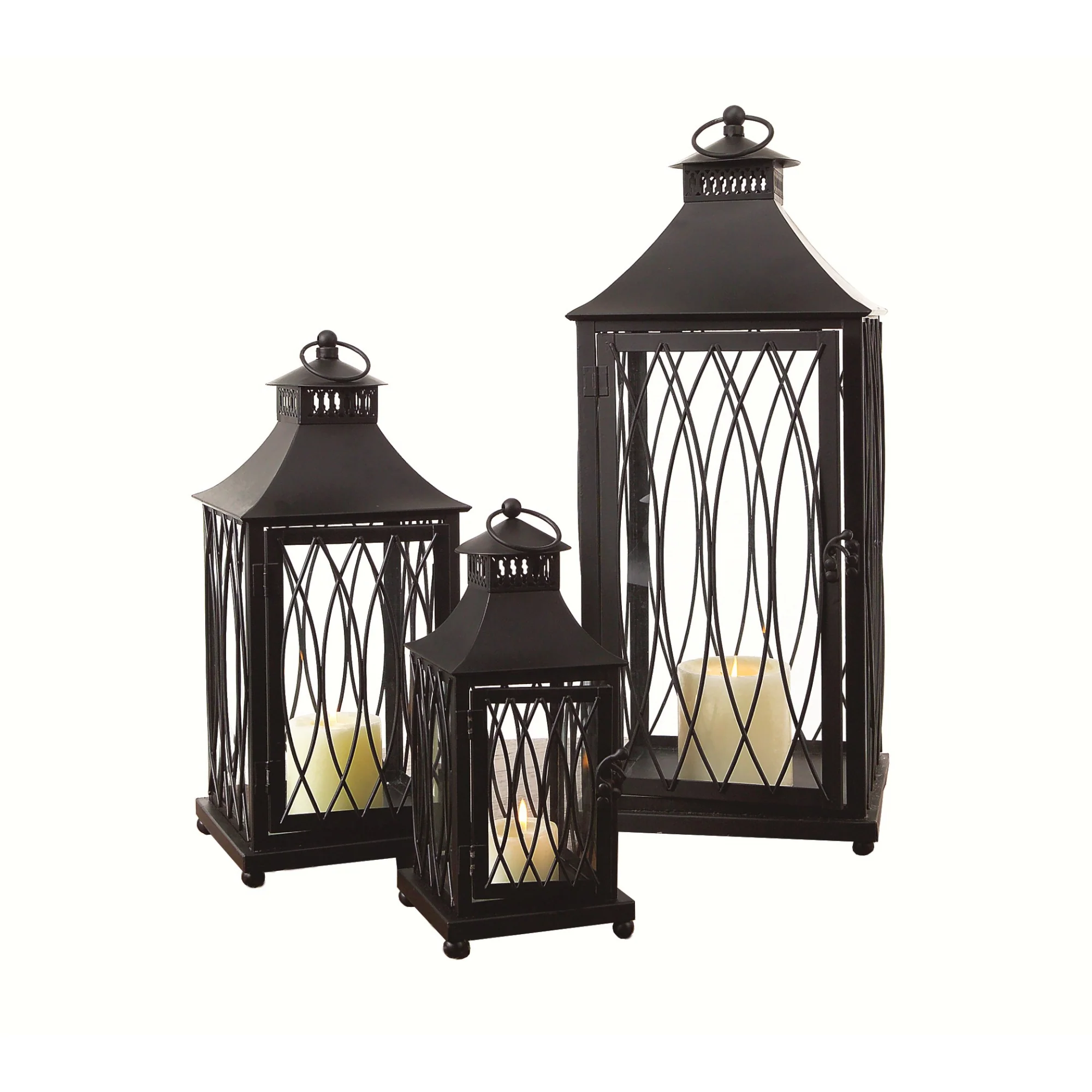 Set of Three Black Glass and Metal Geometric Floor Lantern Candle Holders By Homeroots - Image 4