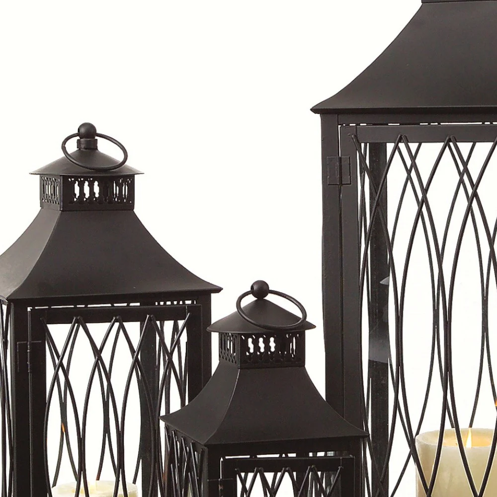 Set of Three Black Glass and Metal Geometric Floor Lantern Candle Holders By Homeroots - Image 5