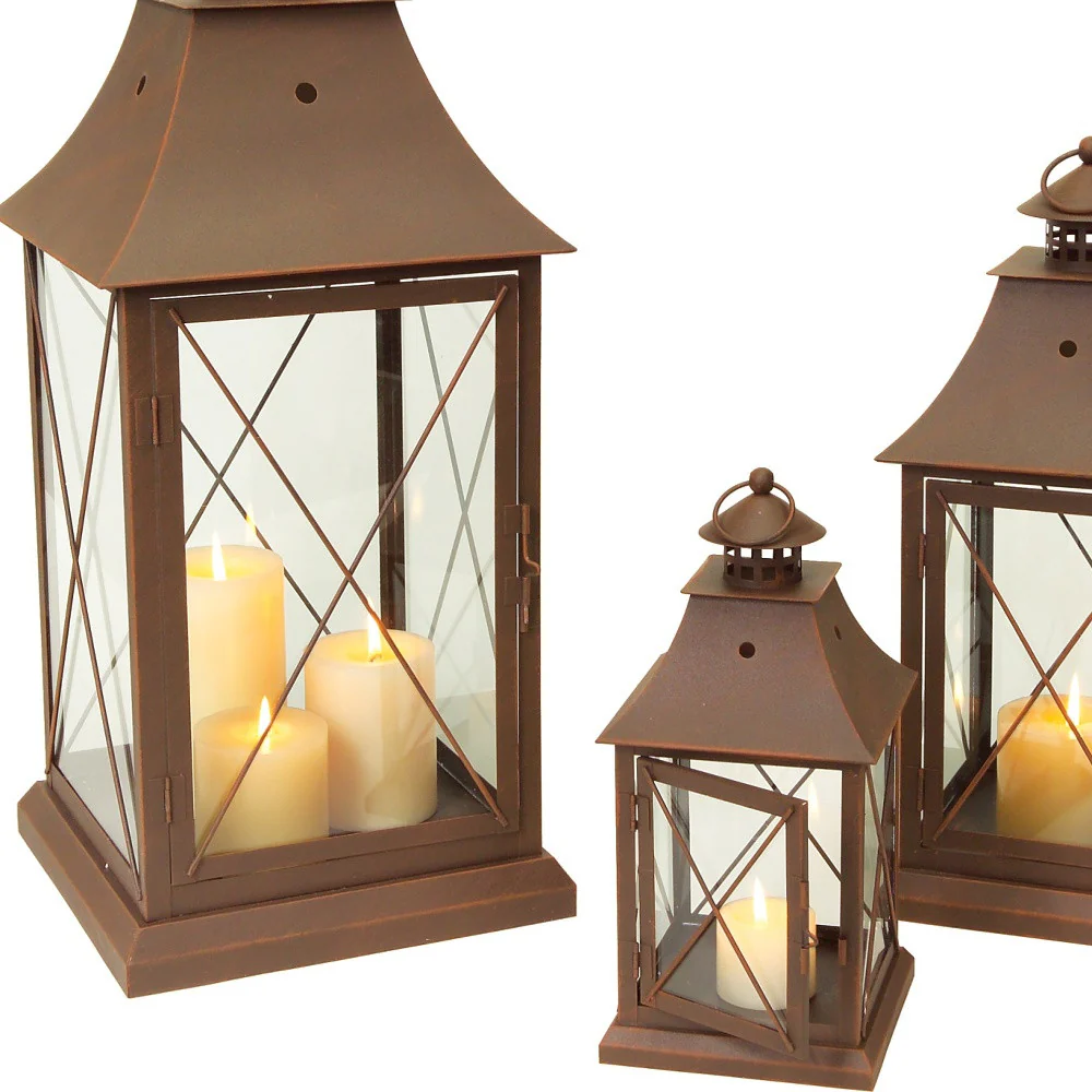 Set of Three Brown Glass and Metal Lattice Floor Lantern Candle Holders By Homeroots - Image 2