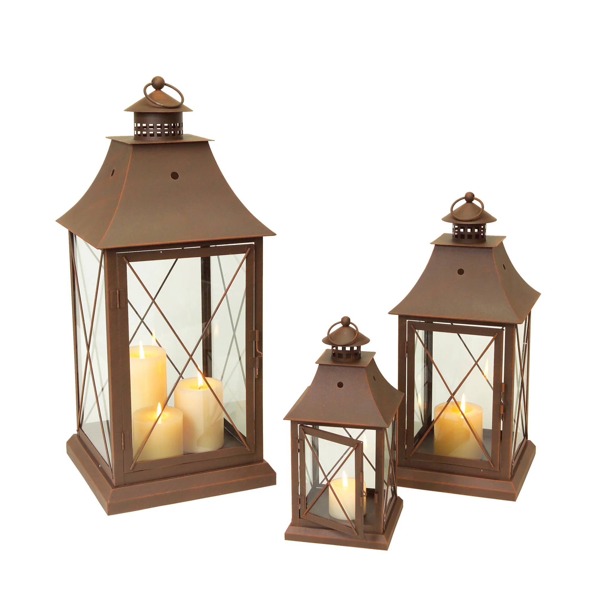 Set of Three Brown Glass and Metal Lattice Floor Lantern Candle Holders By Homeroots - Image 3