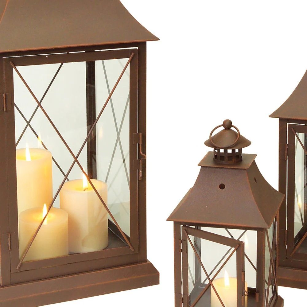 Set of Three Brown Glass and Metal Lattice Floor Lantern Candle Holders By Homeroots - Image 4