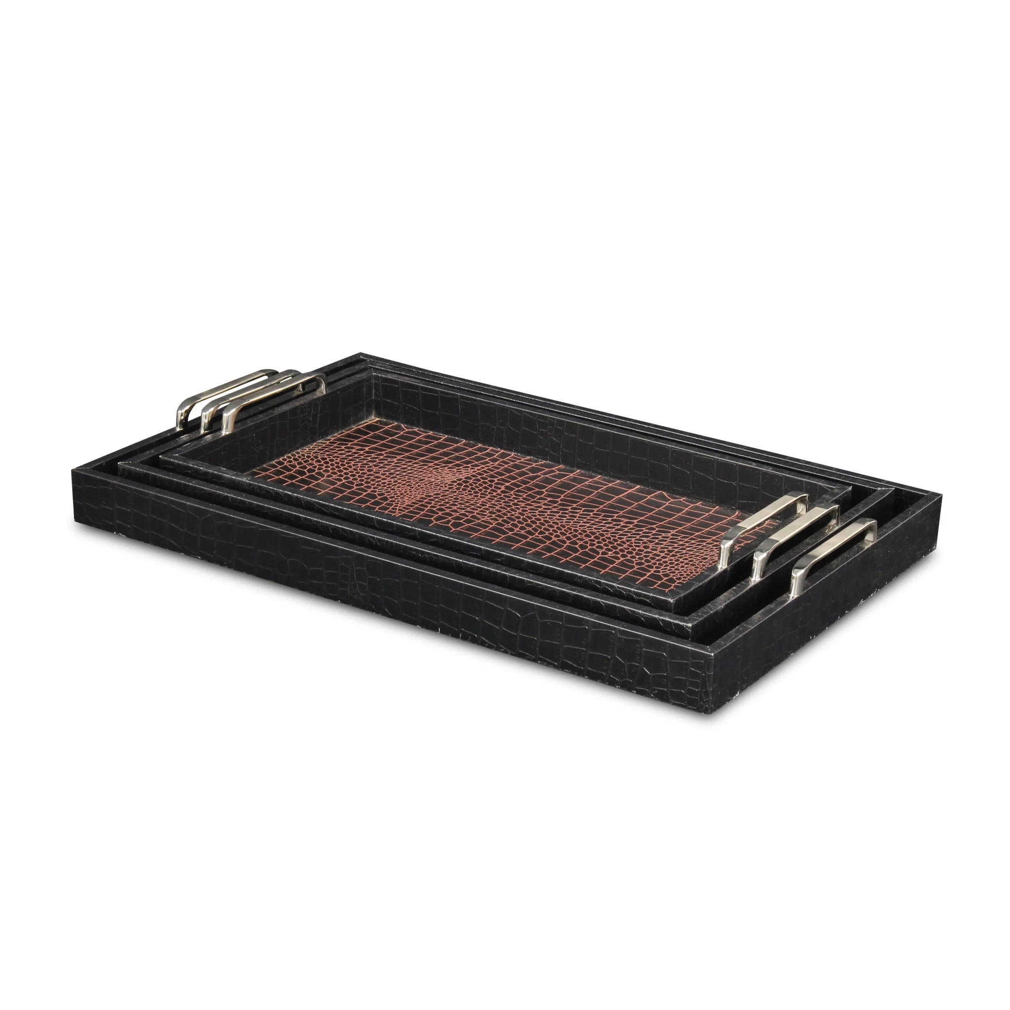 Set of Three Brown Rectangular Wood Handmade Serving Tray With Handles By Homeroots - Image 3