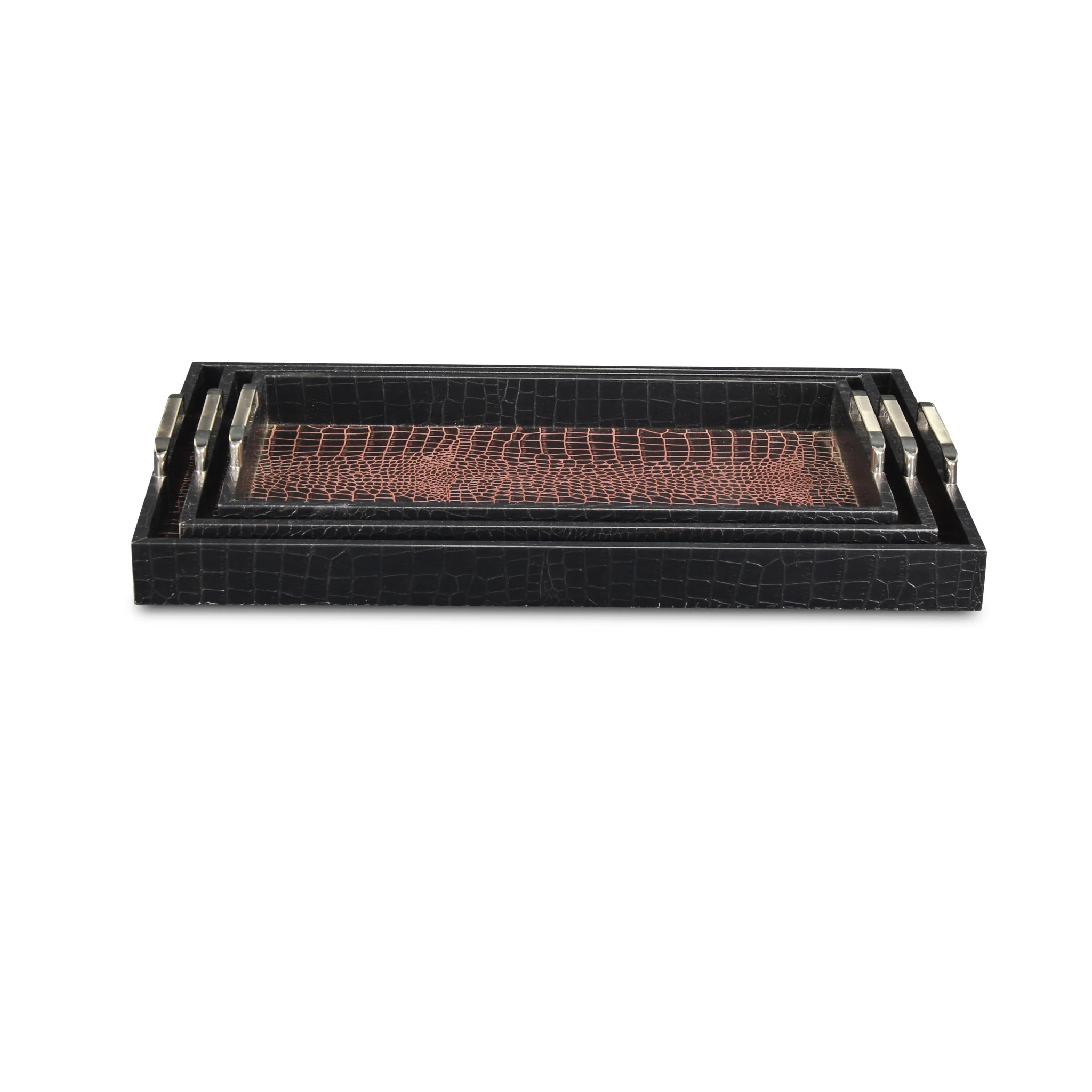 Set of Three Brown Rectangular Wood Handmade Serving Tray With Handles By Homeroots - Image 4