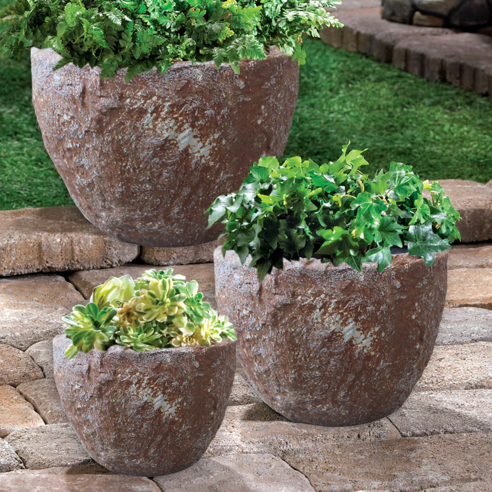 Set of Three Brown Stone Indoor Outdoor Round Pot Planter By Homeroots - Image 3