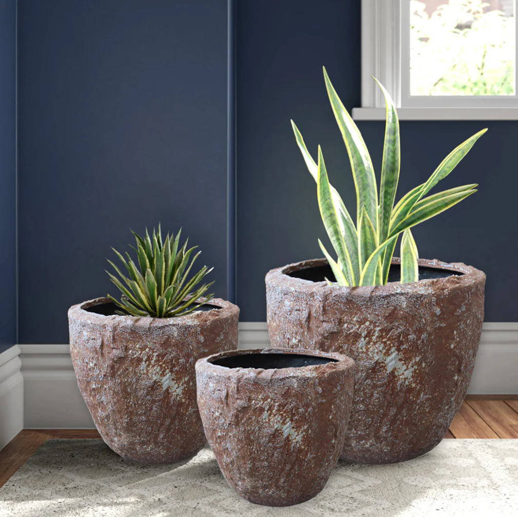 Set of Three Brown Stone Indoor Outdoor Round Pot Planter By Homeroots - Image 4