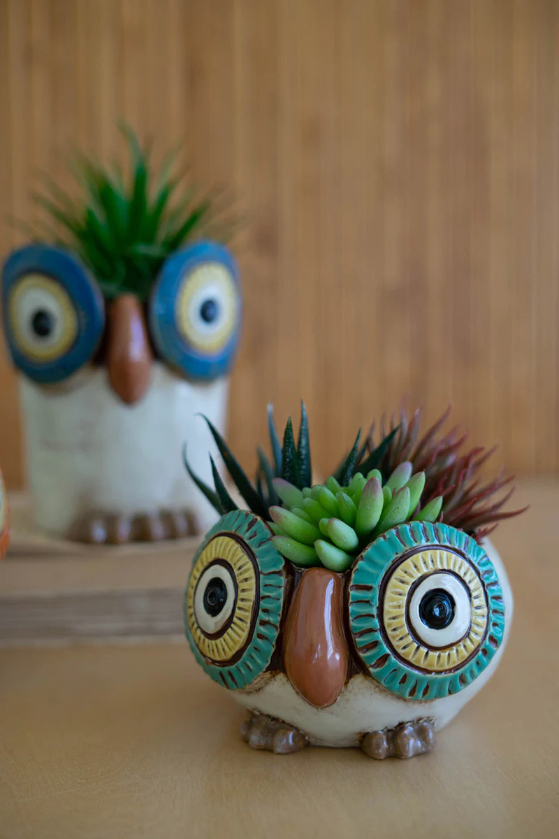 Set Of Three Ceramic Owl Planters By Kalalou - Image 4