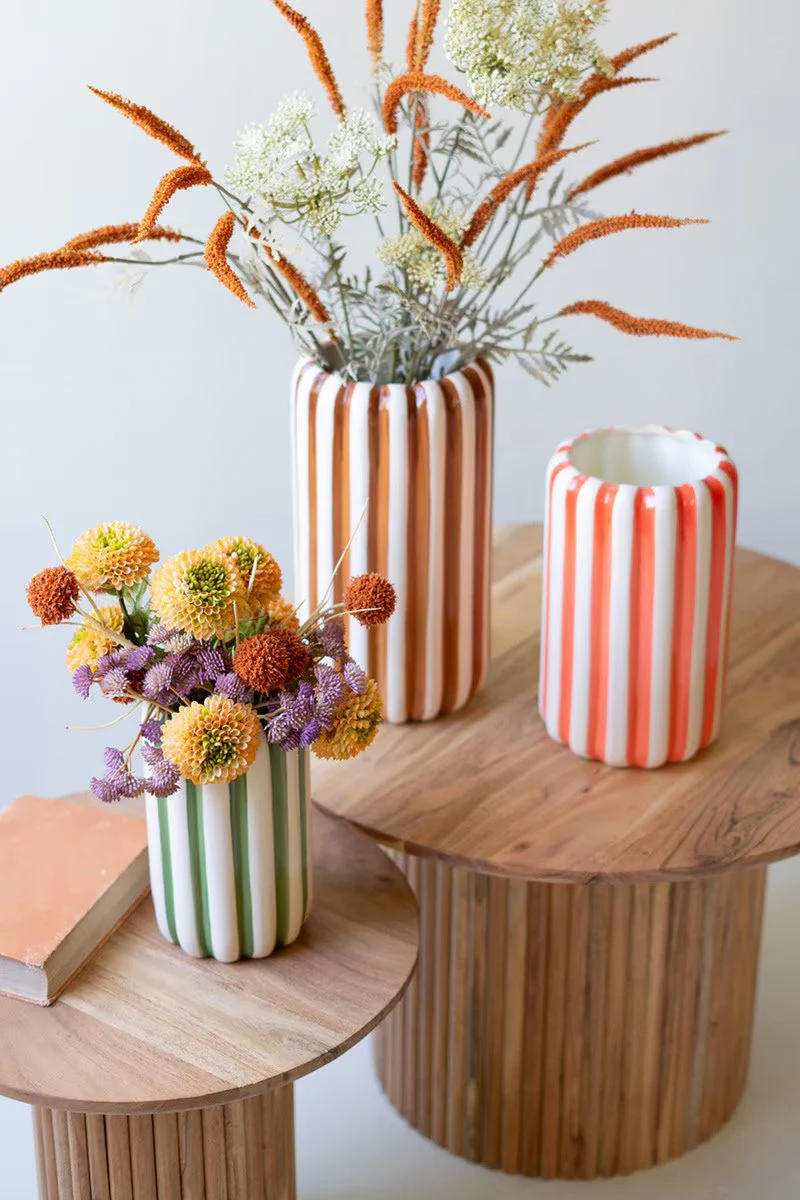 Set Of Three Ceramic Vases With Vertical Stripes - One Each Color By Kalalou - Image 2