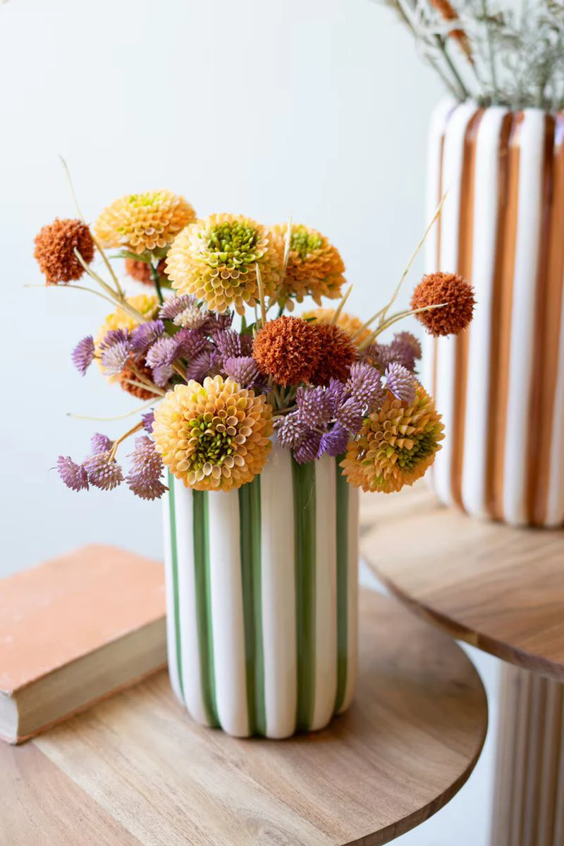 Set Of Three Ceramic Vases With Vertical Stripes - One Each Color By Kalalou - Image 3