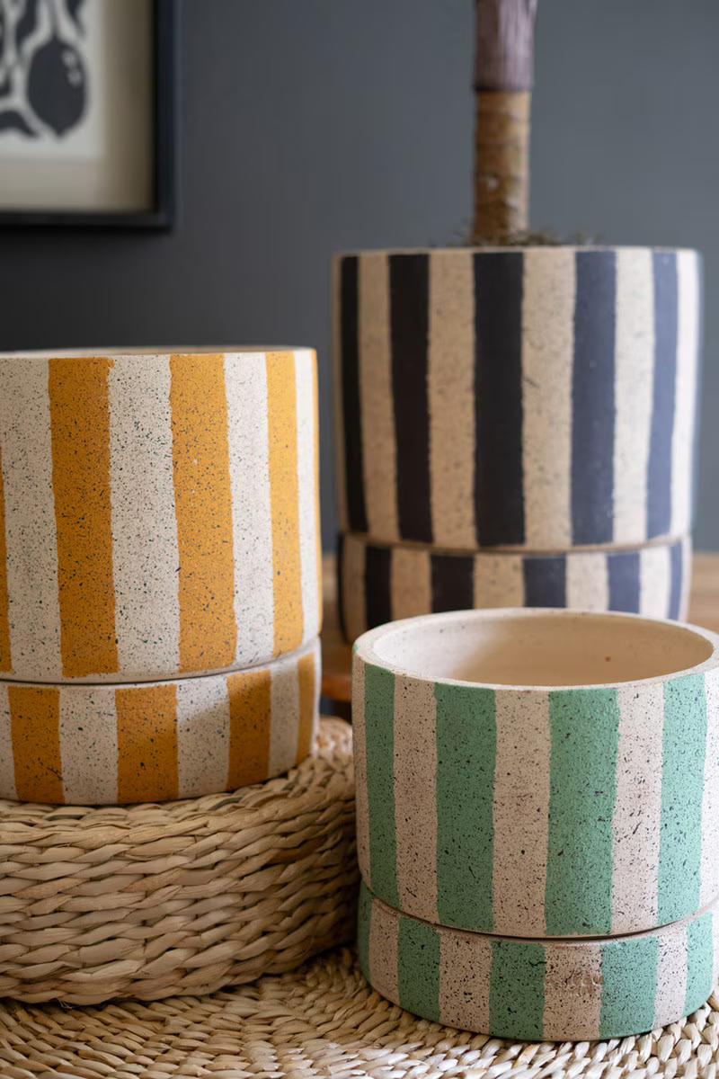 Set Of Three Clay Planters With Striped Details + Trays -One Each Size By Kalalou - Image 3