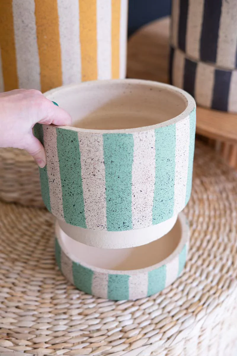 Set Of Three Clay Planters With Striped Details + Trays -One Each Size By Kalalou - Image 4