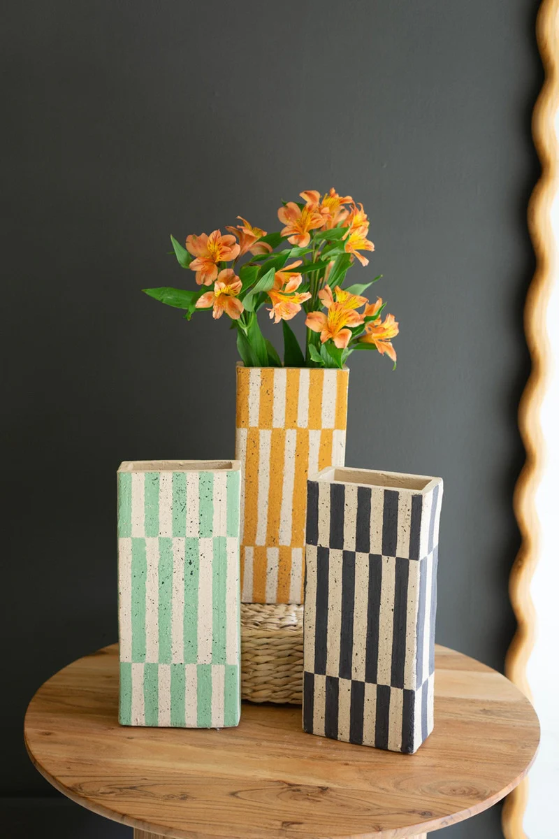 Set Of Three Clay Rectangle Striped Vases By Kalalou - Image 2