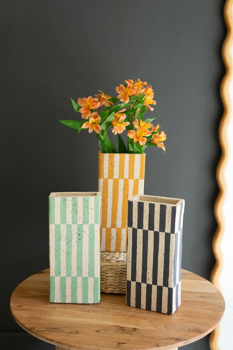 Set Of Three Clay Rectangle Striped Vases By Kalalou - Image 4