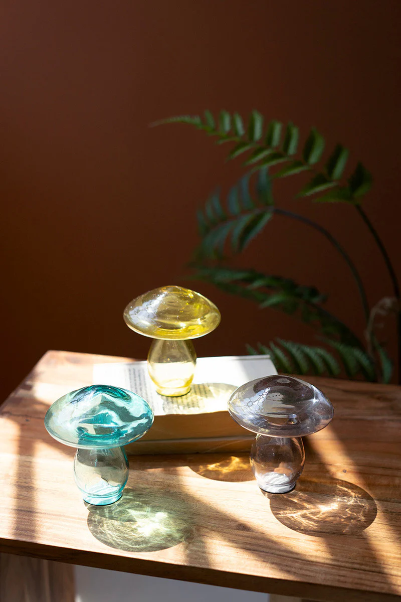 Set Of Three Glass Mushrooms - One Each Color (Min 2) By Kalalou - Image 3