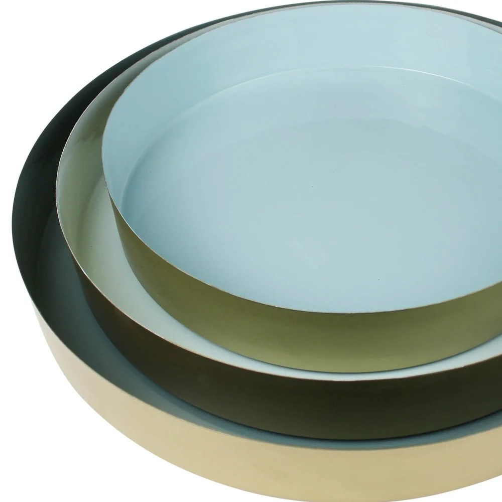 Set Of Three Gold And Blue Round Trays By Homeroots - Image 3