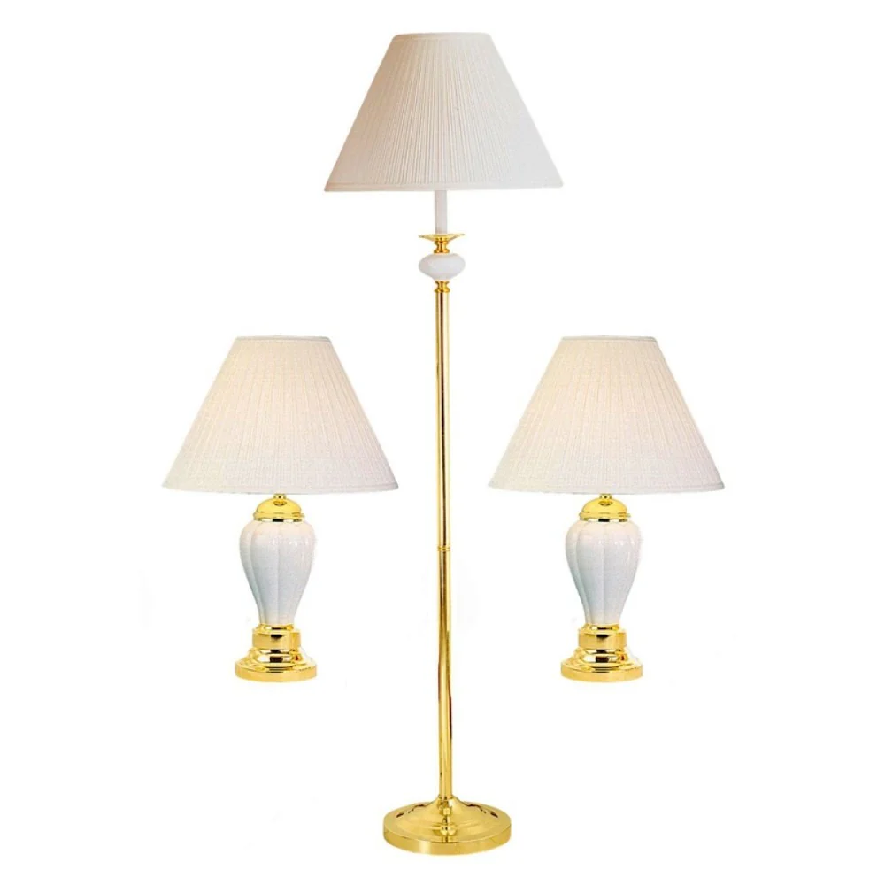 Set Of Three Gold and White Ceramic Bedside Floor and Table Lamp Set With Off White Empire Shade By Homeroots - Image 2
