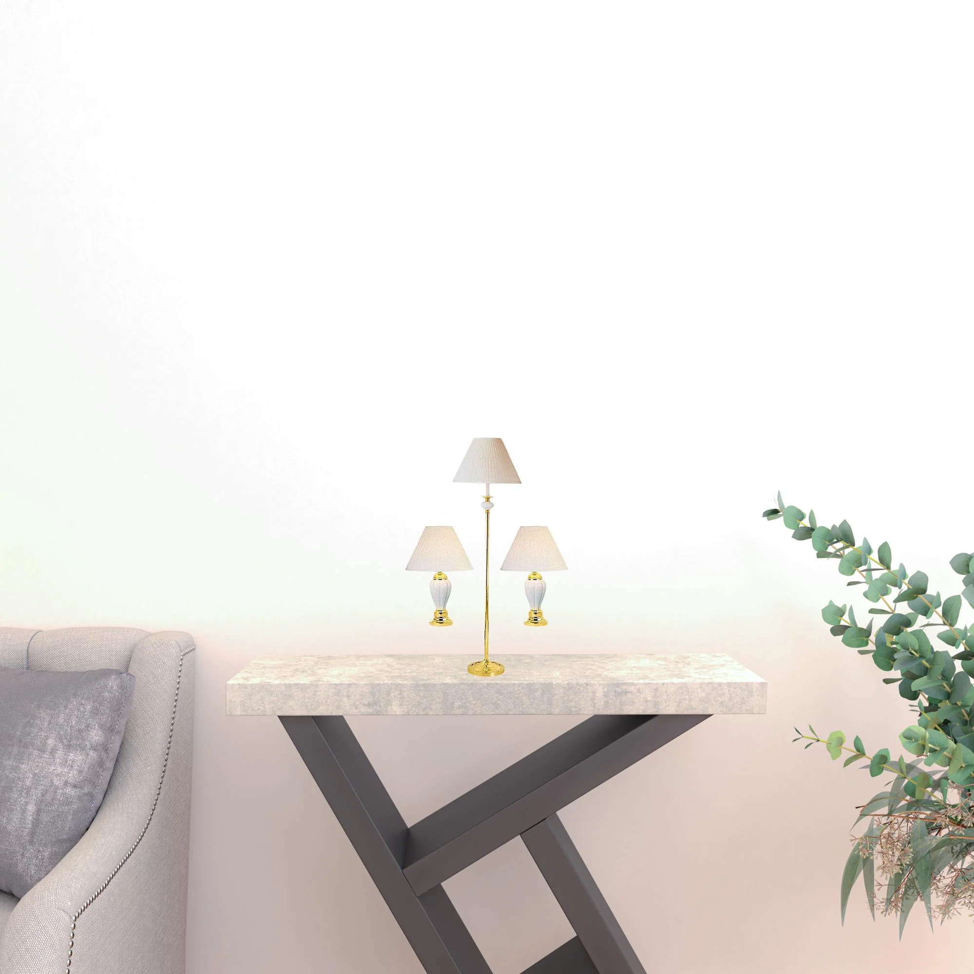 Set Of Three Gold and White Ceramic Bedside Floor and Table Lamp Set With Off White Empire Shade By Homeroots - Image 3
