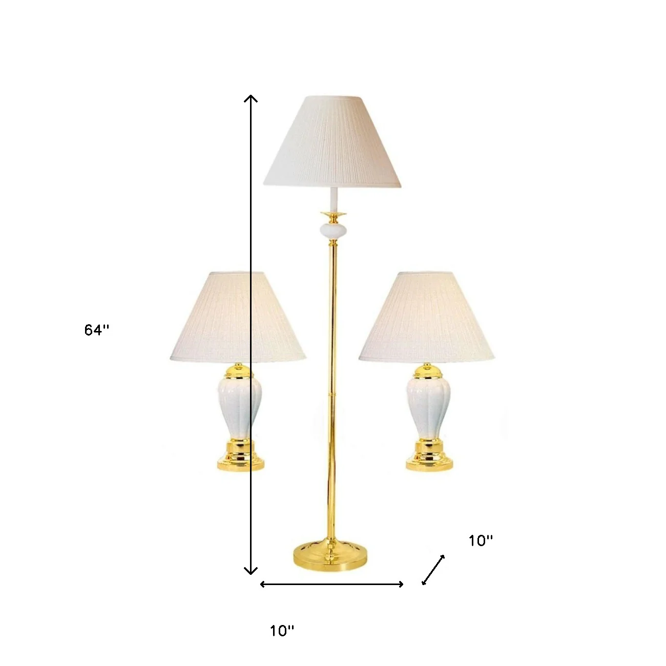 Set Of Three Gold and White Ceramic Bedside Floor and Table Lamp Set With Off White Empire Shade By Homeroots - Image 6