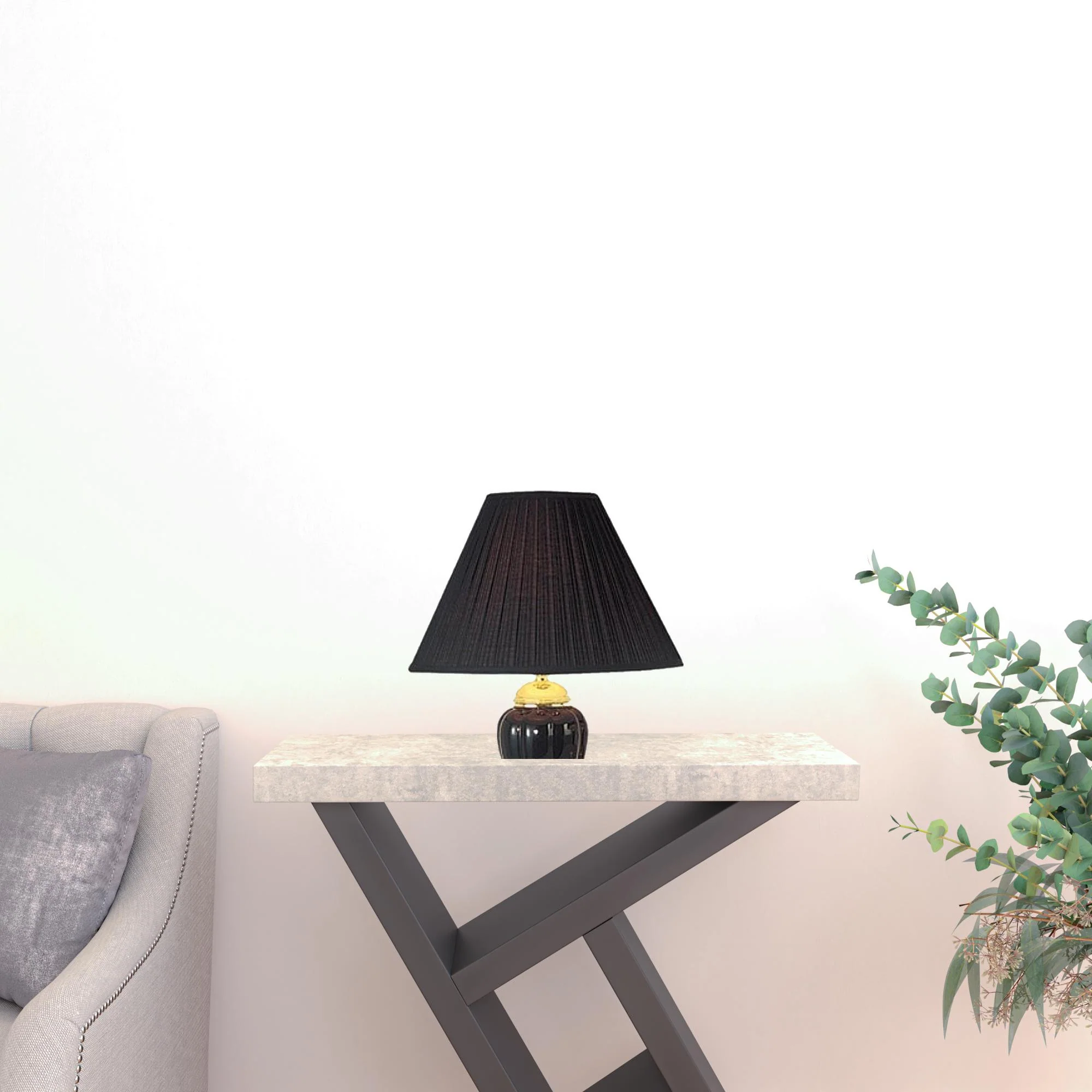 Set Of Three Gold Ceramic Bedside Floor and Table Lamp Set With Black Empire Shade By Homeroots - Image 2