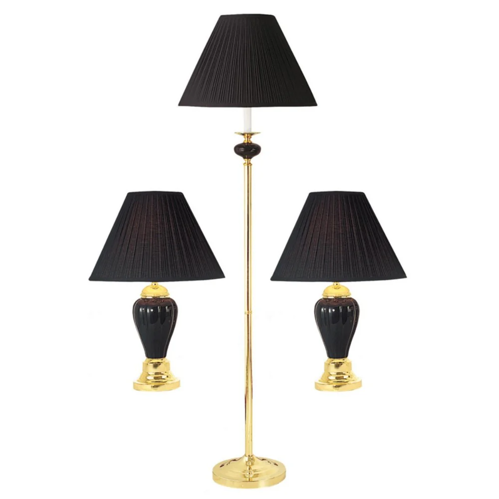 Set Of Three Gold Ceramic Bedside Floor and Table Lamp Set With Black Empire Shade By Homeroots - Image 3