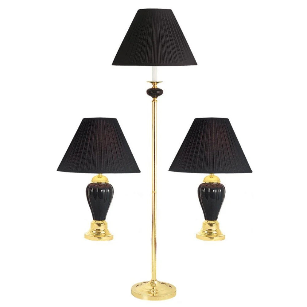 Set Of Three Gold Ceramic Bedside Floor and Table Lamp Set With Black Empire Shade By Homeroots - Image 4