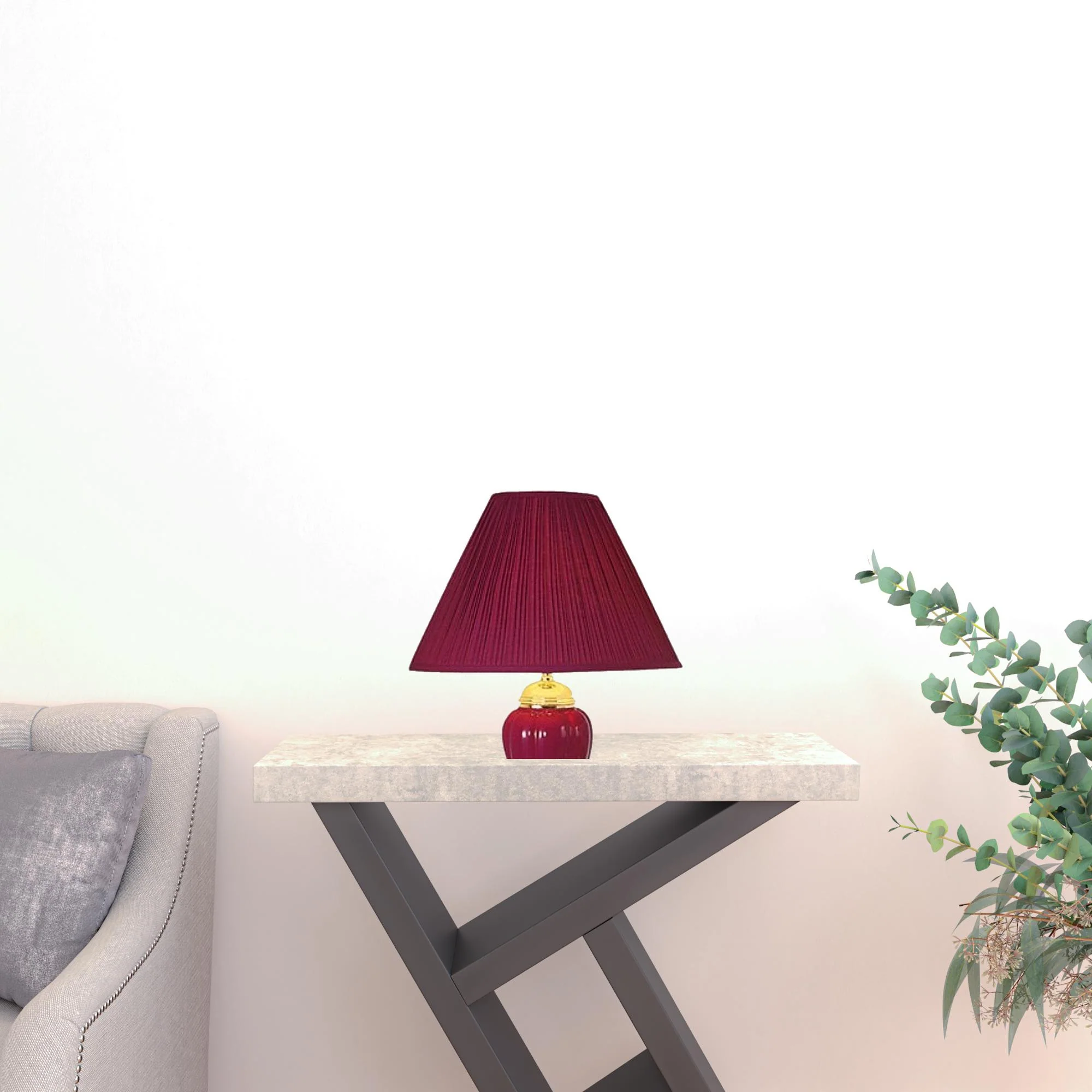 Set Of Three Gold Ceramic Bedside Floor and Table Lamp Set With Red Empire Shade By Homeroots - Image 2