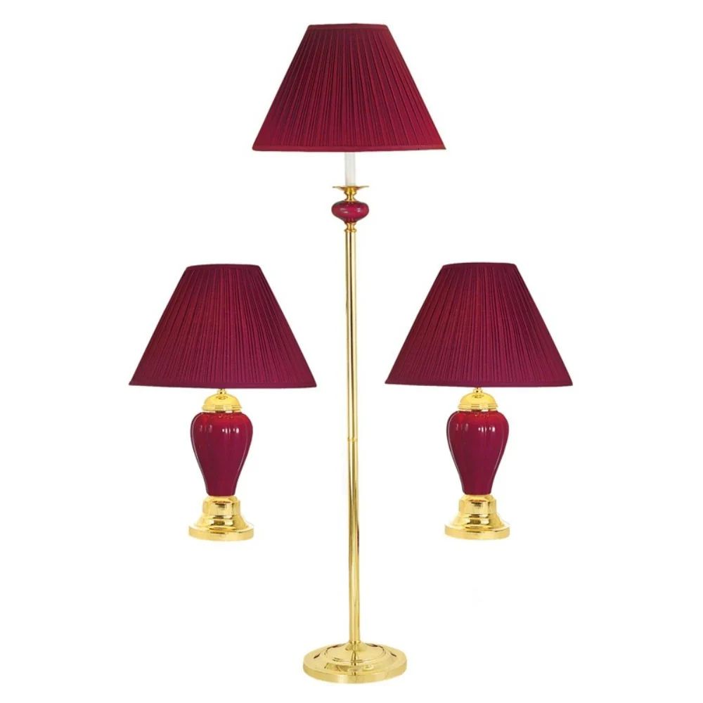 Set Of Three Gold Ceramic Bedside Floor and Table Lamp Set With Red Empire Shade By Homeroots - Image 3