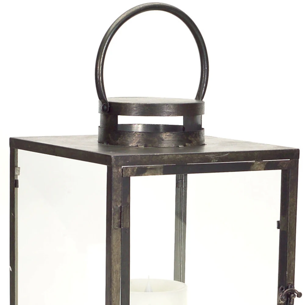 Set of Three Gray and Brown Glass Metal and Wood Geometric Floor Lantern Candle Holders By Homeroots - Image 2