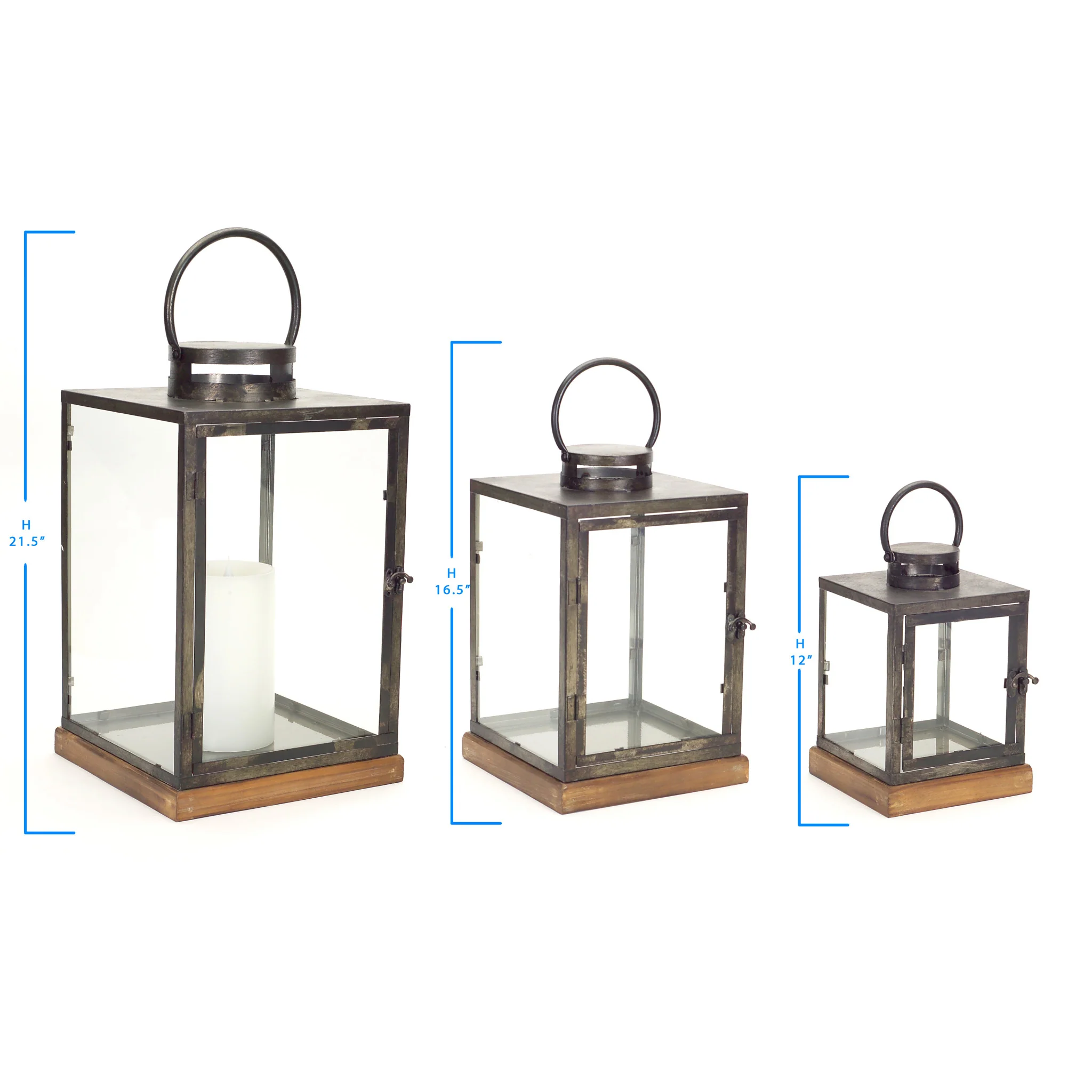 Set of Three Gray and Brown Glass Metal and Wood Geometric Floor Lantern Candle Holders By Homeroots - Image 3