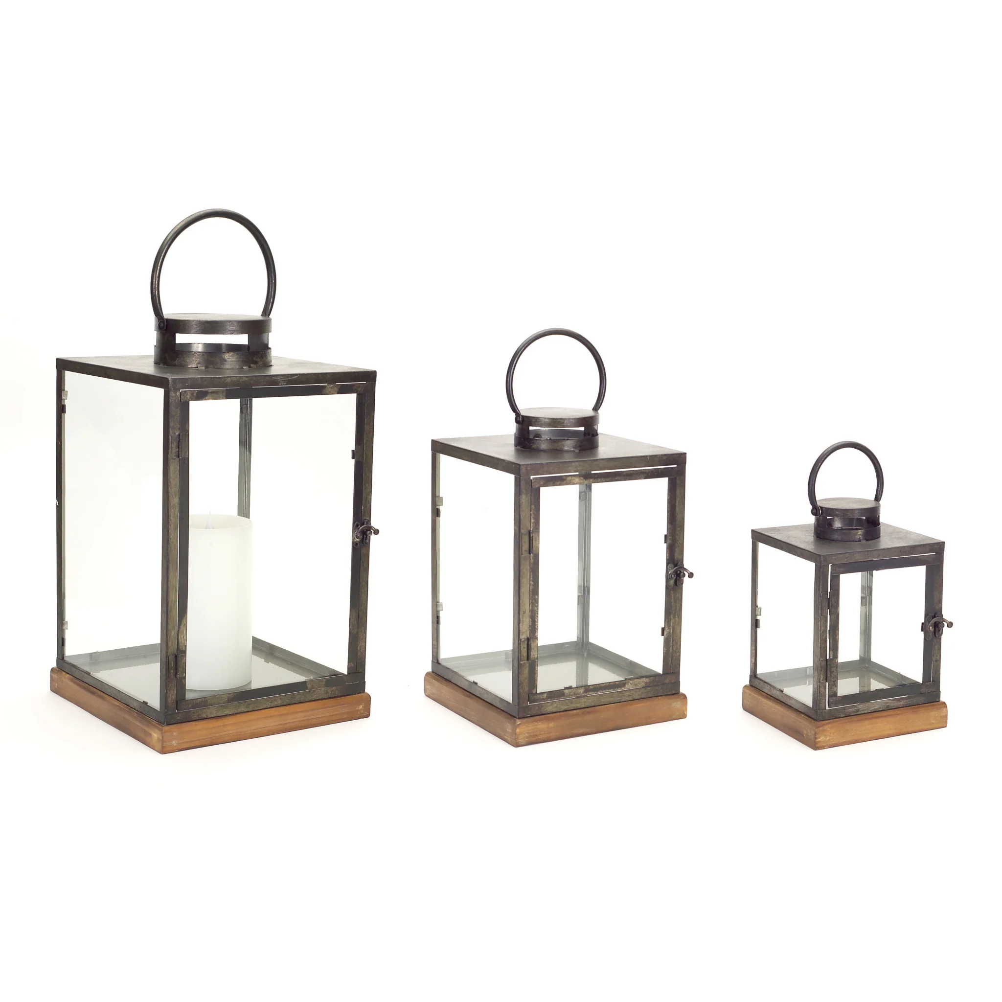 Set of Three Gray and Brown Glass Metal and Wood Geometric Floor Lantern Candle Holders By Homeroots - Image 4