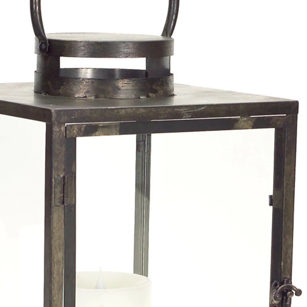 Set of Three Gray and Brown Glass Metal and Wood Geometric Floor Lantern Candle Holders By Homeroots - Image 5