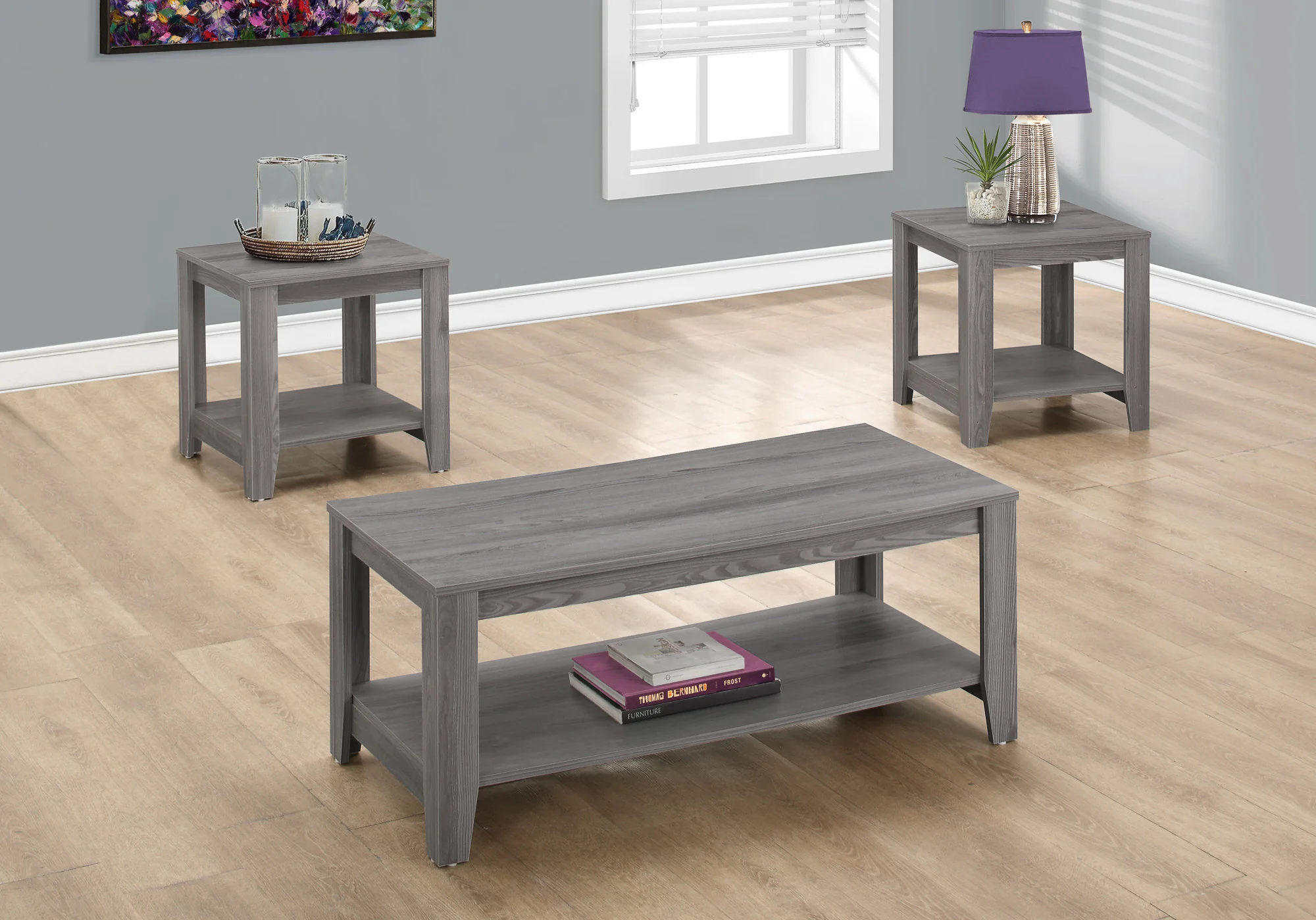 Set of Three Gray Coffee Table With Shelf By Homeroots - Image 8