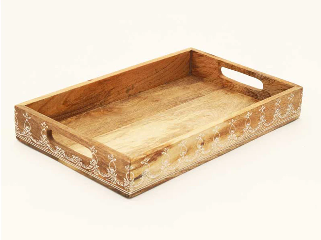 Set of Three Natural Rectangular Solid Wood Floral Handmade Serving Tray With Handles By Homeroots - Image 2