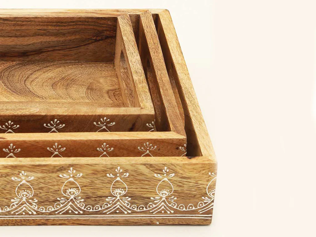 Set of Three Natural Rectangular Solid Wood Floral Handmade Serving Tray With Handles By Homeroots - Image 3