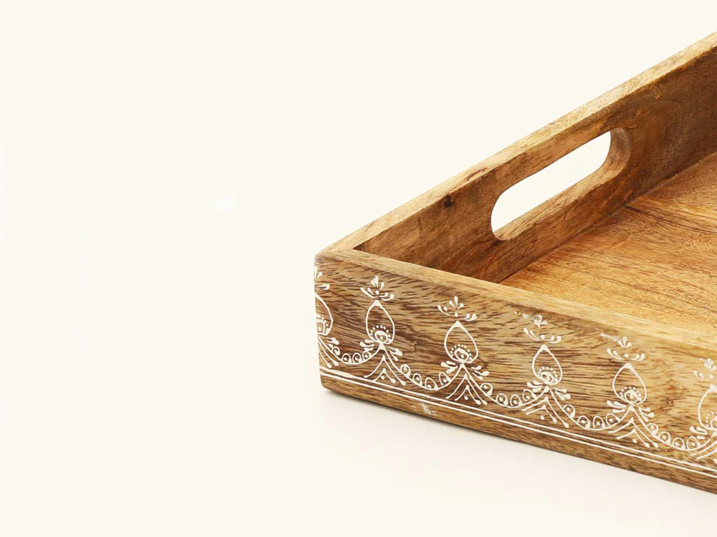 Set of Three Natural Rectangular Solid Wood Floral Handmade Serving Tray With Handles By Homeroots - Image 4