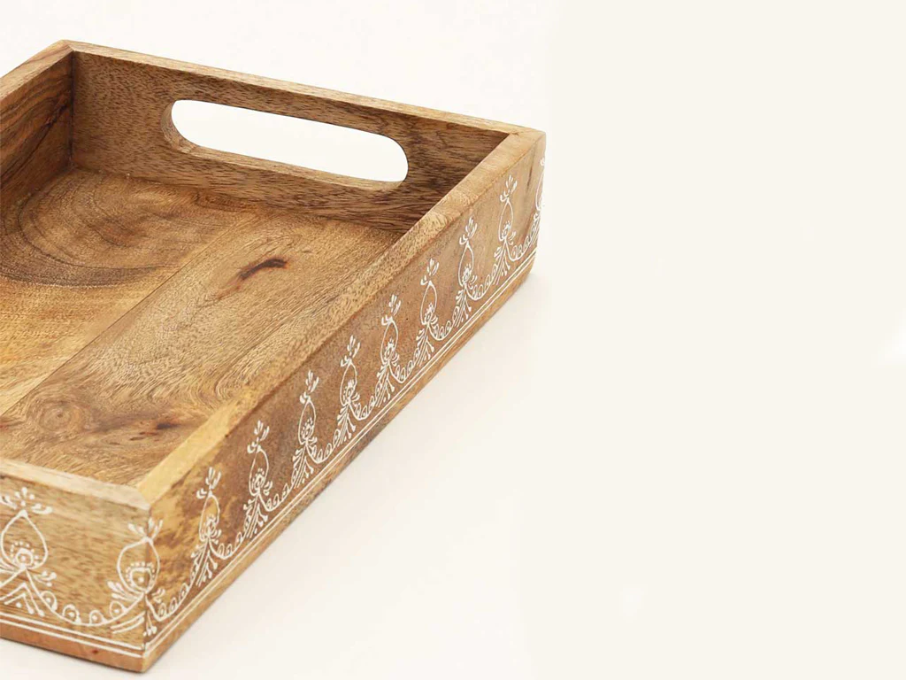 Set of Three Natural Rectangular Solid Wood Floral Handmade Serving Tray With Handles By Homeroots - Image 5