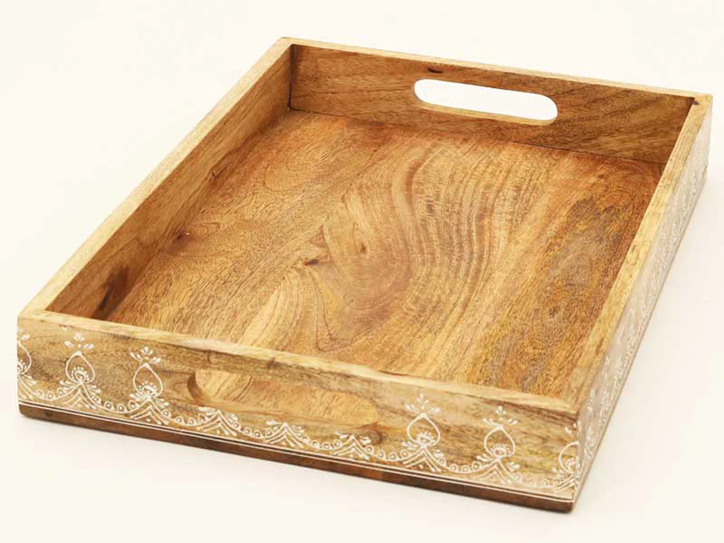 Set of Three Natural Rectangular Solid Wood Floral Handmade Serving Tray With Handles By Homeroots - Image 6