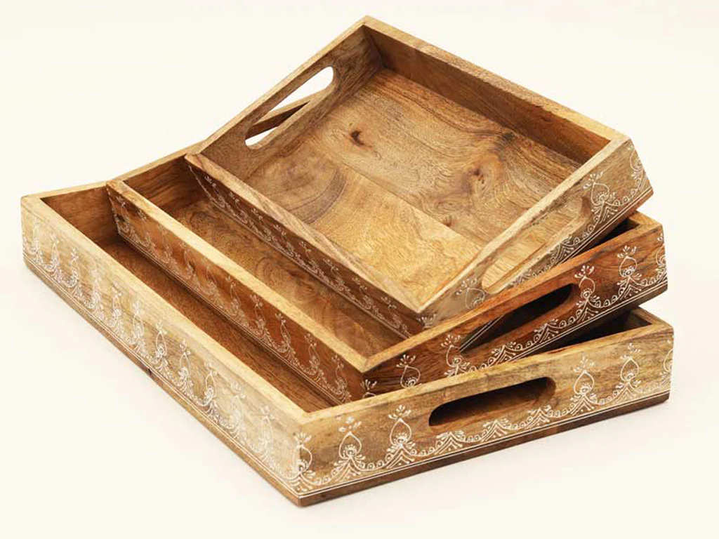 Set of Three Natural Rectangular Solid Wood Floral Handmade Serving Tray With Handles By Homeroots - Image 7