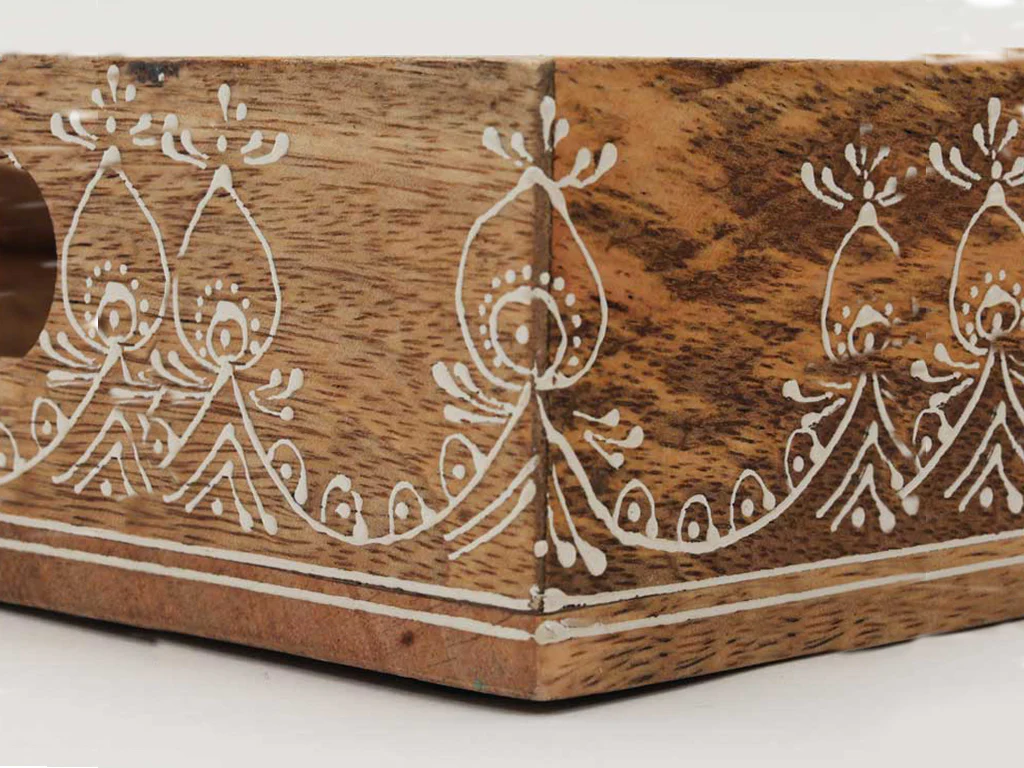 Set of Three Natural Rectangular Solid Wood Floral Handmade Serving Tray With Handles By Homeroots - Image 8