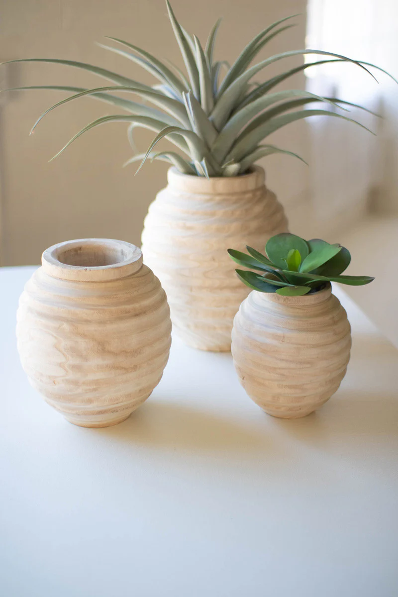 Set Of Three Natural Wooden Gourd Pots By Kalalou - Image 2