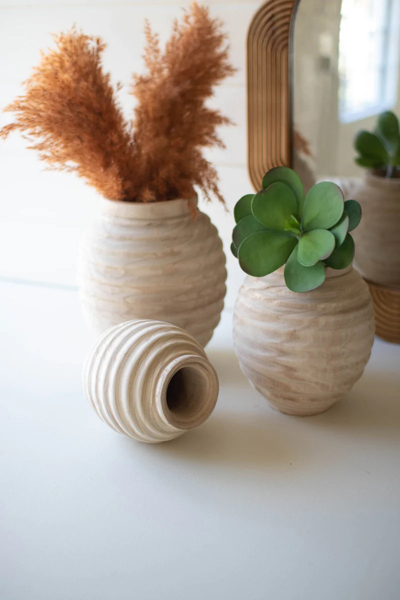 Set Of Three Natural Wooden Gourd Pots By Kalalou - Image 3