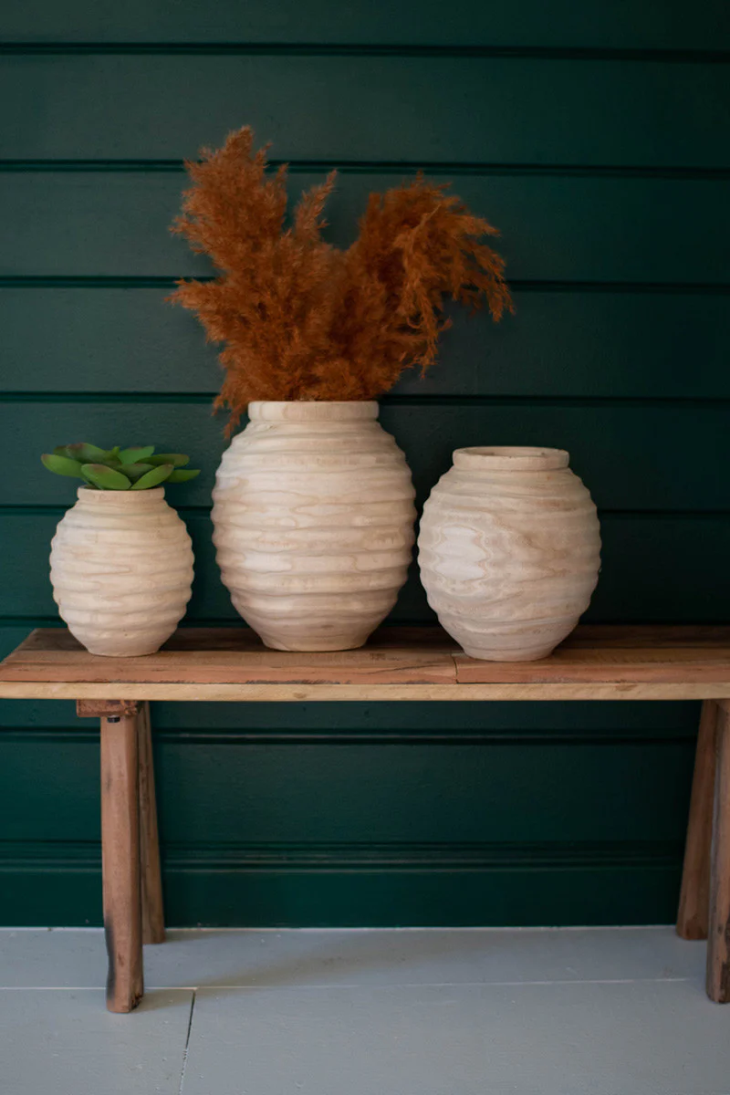 Set Of Three Natural Wooden Gourd Pots By Kalalou - Image 4