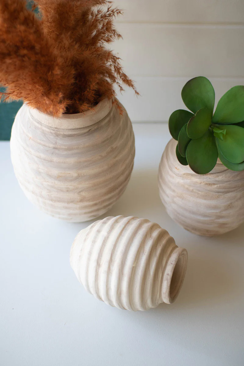 Set Of Three Natural Wooden Gourd Pots By Kalalou - Image 5