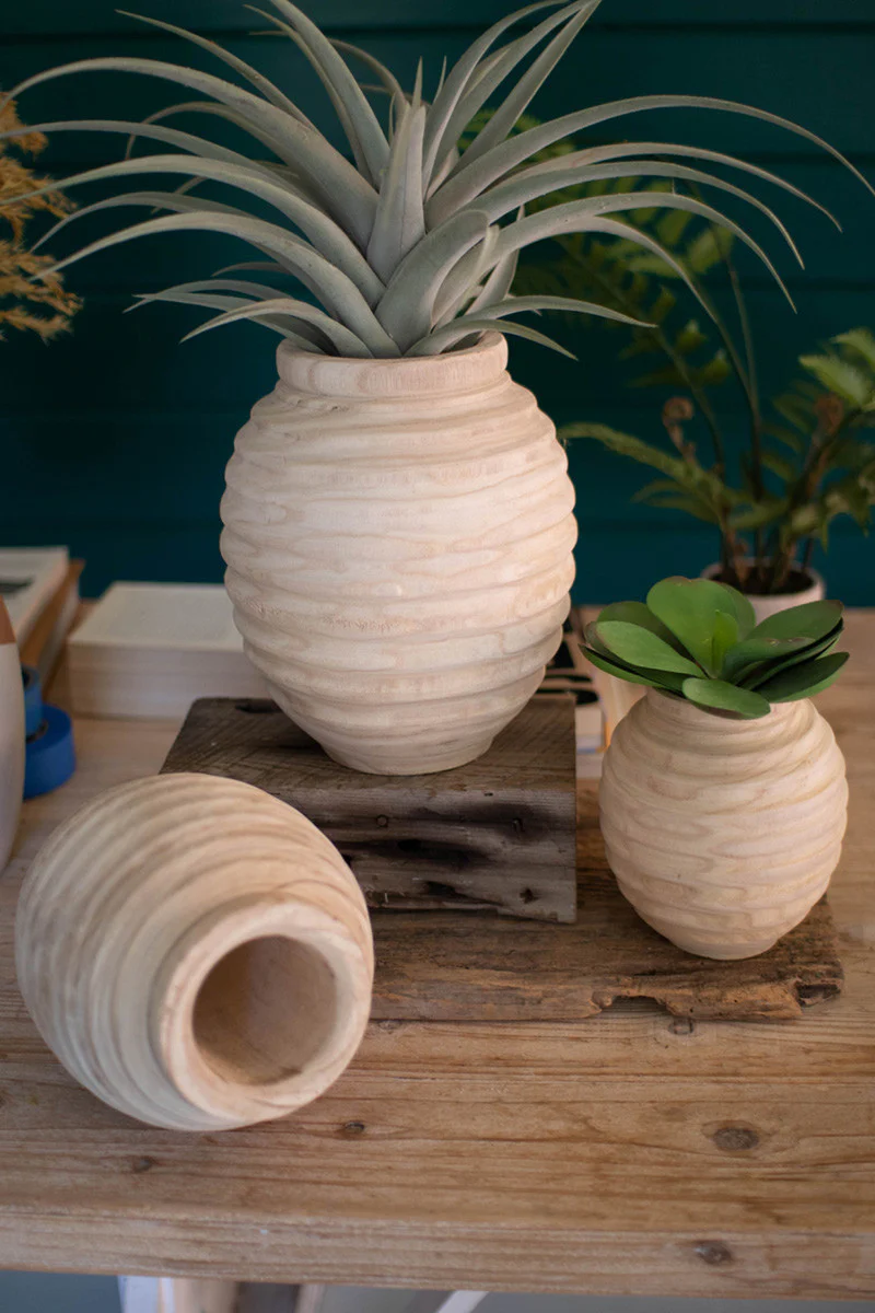 Set Of Three Natural Wooden Gourd Pots By Kalalou - Image 7