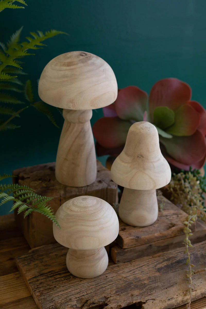 Set Of Three Natural Wooden Mushrooms By Kalalou - Image 2