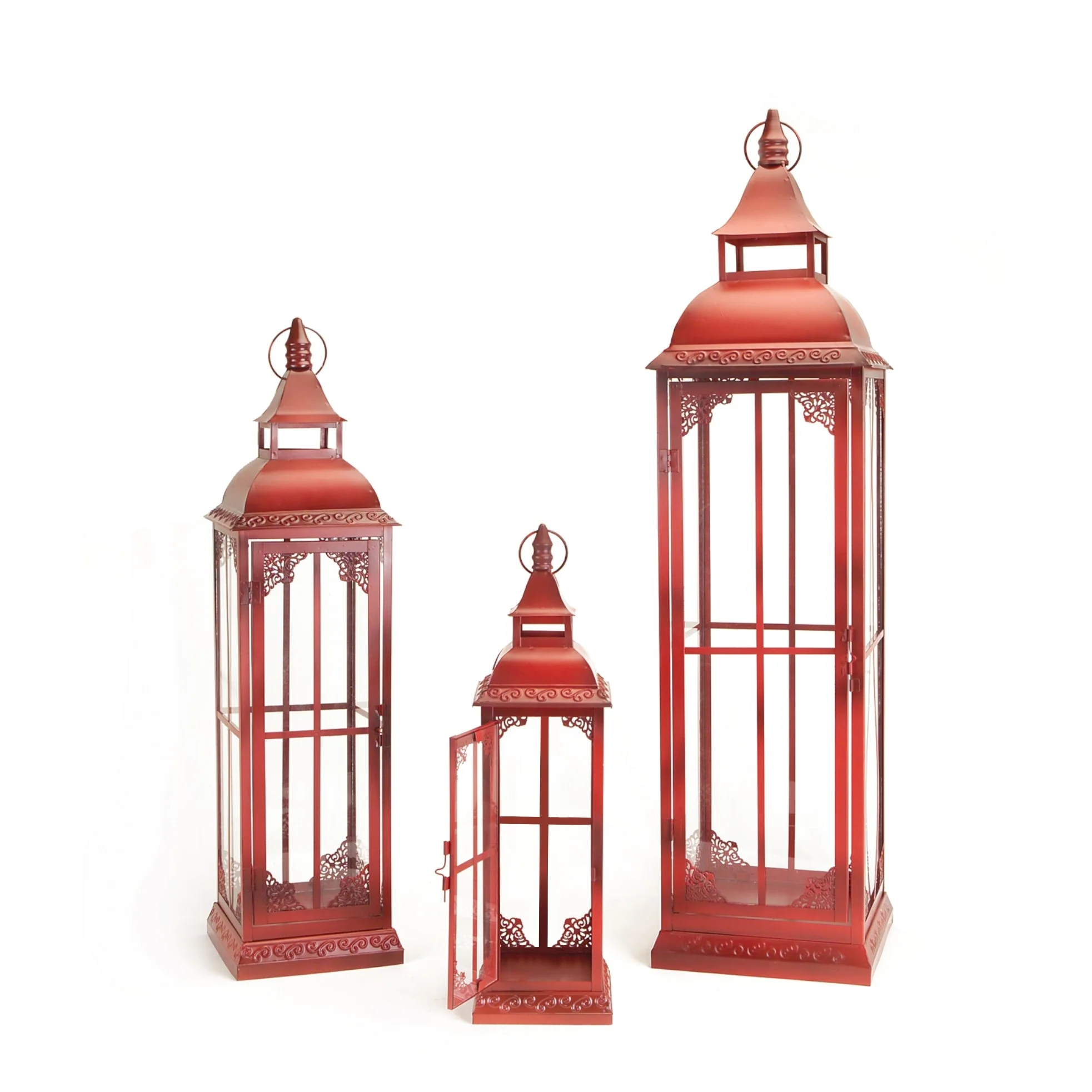 Set of Three Red Glass and Metal Ornate Floor Lantern Candle Holders By Homeroots - Image 2