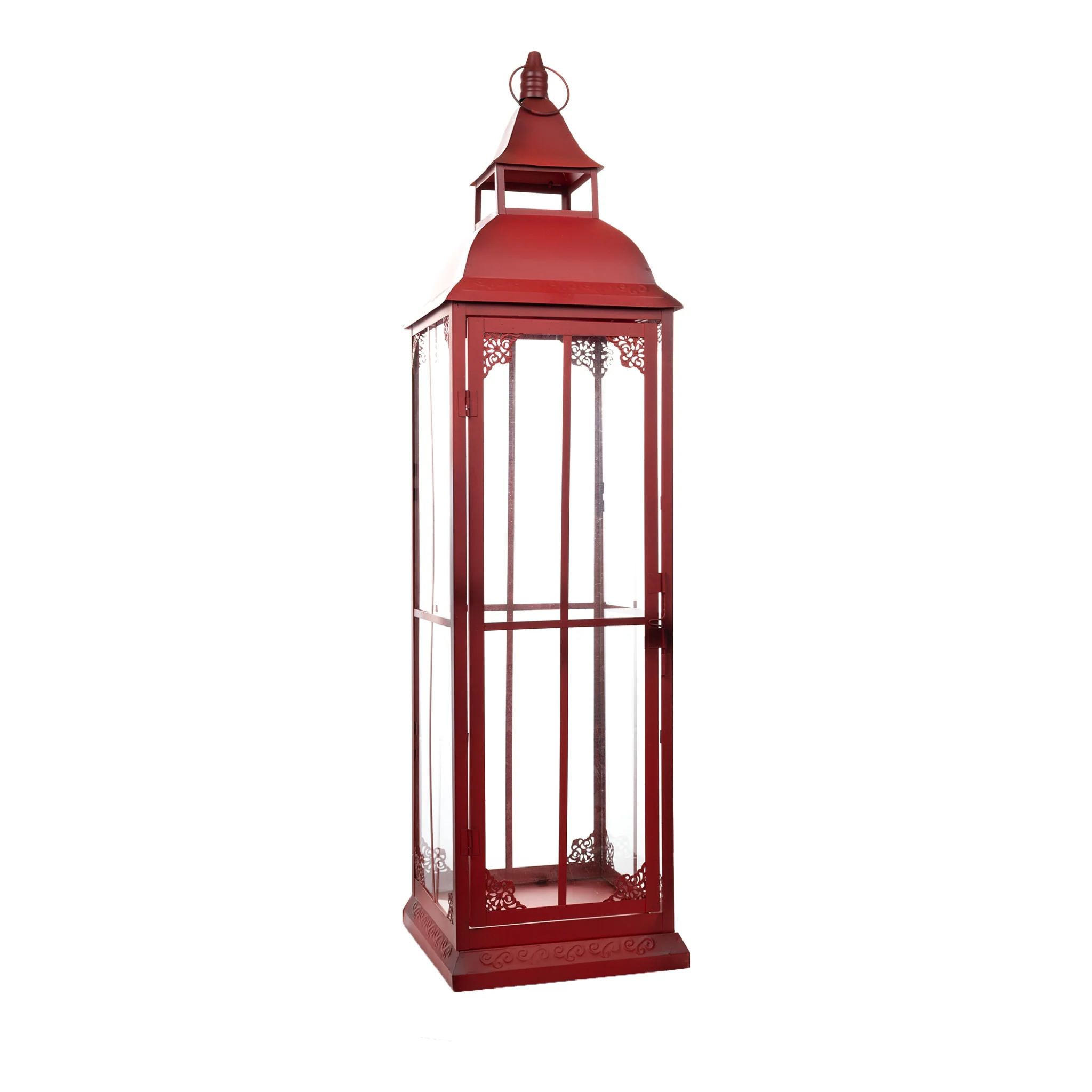 Set of Three Red Glass and Metal Ornate Floor Lantern Candle Holders By Homeroots - Image 3