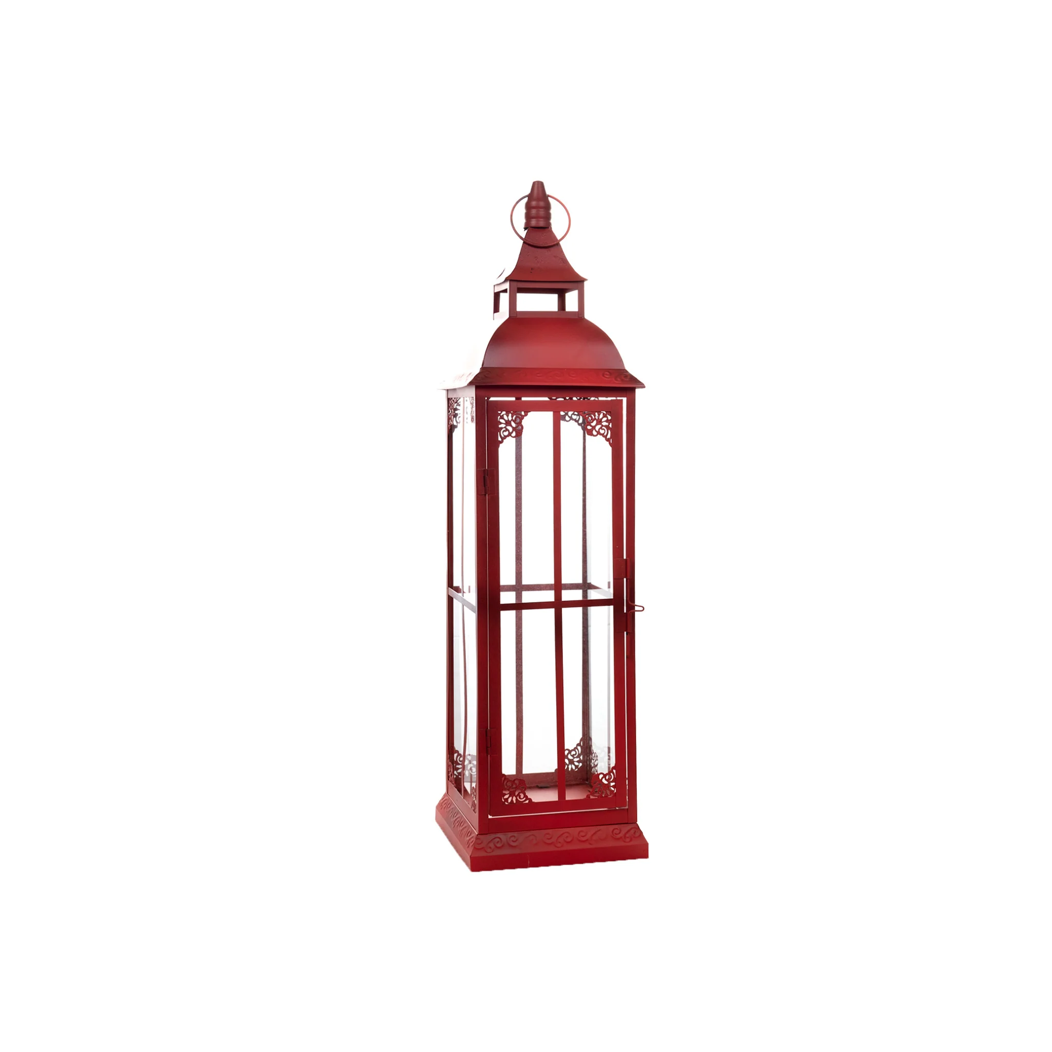 Set of Three Red Glass and Metal Ornate Floor Lantern Candle Holders By Homeroots - Image 4