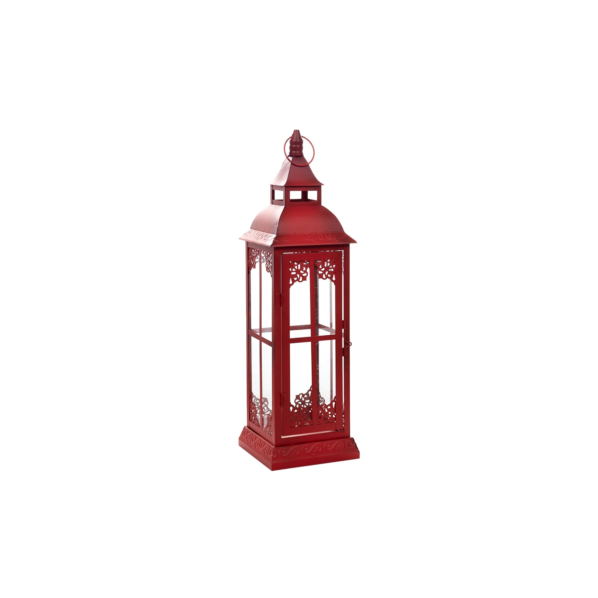 Set of Three Red Glass and Metal Ornate Floor Lantern Candle Holders By Homeroots - Image 5